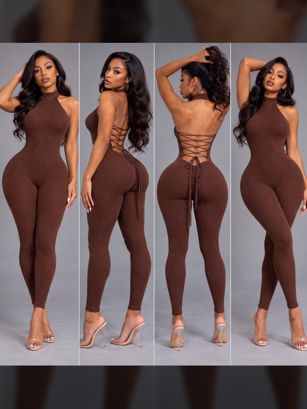 Sleeveless Lace‑Up Back Ribbed Jumpsuit - Brown